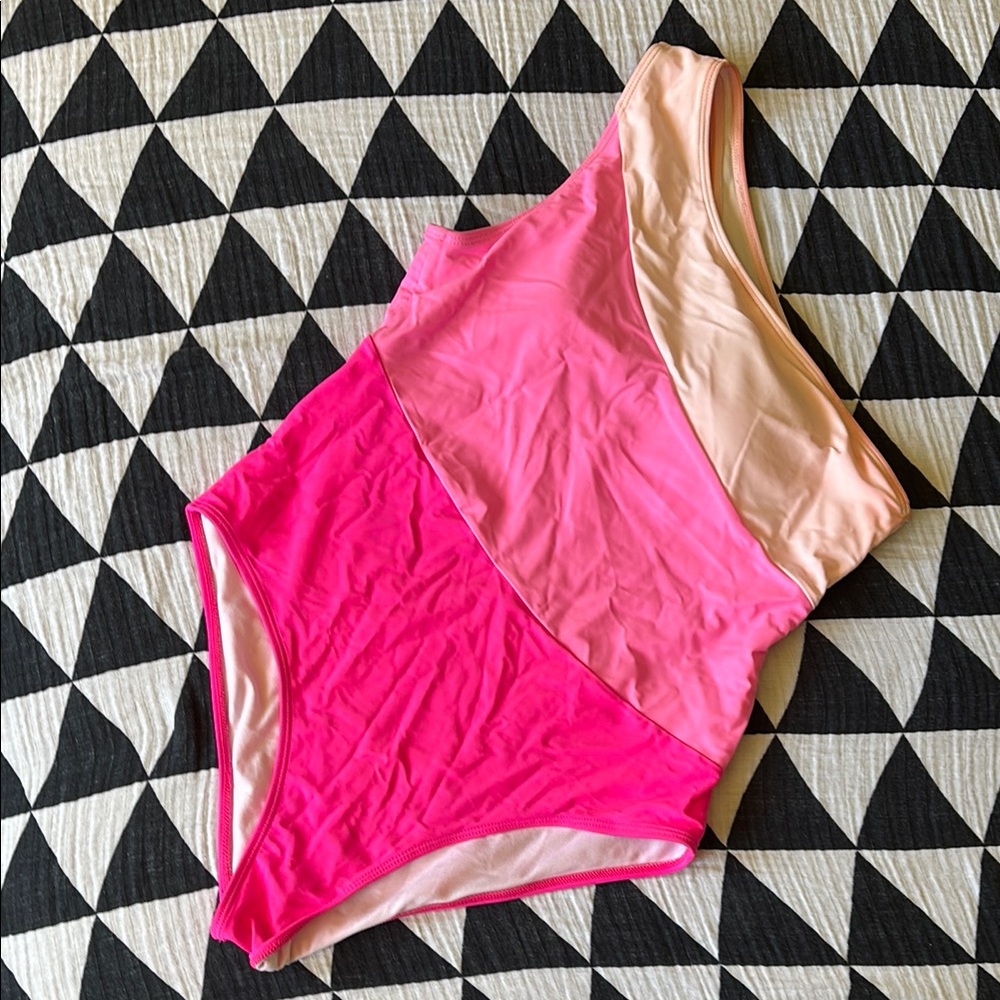 One shoulder striped pink one piece